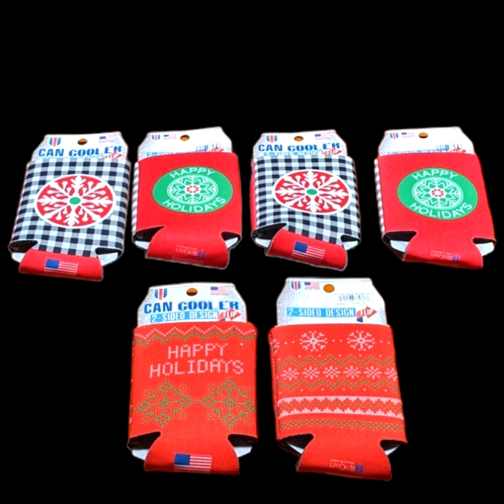 Happy Holidays 2 Sided Design Flip Can Cooler Koozie Set of 6 Red Green White